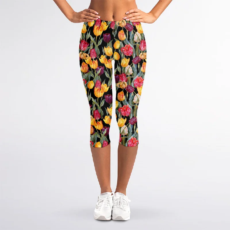 Colorful Watercolor Tulip Pattern Print Women's Capri Leggings