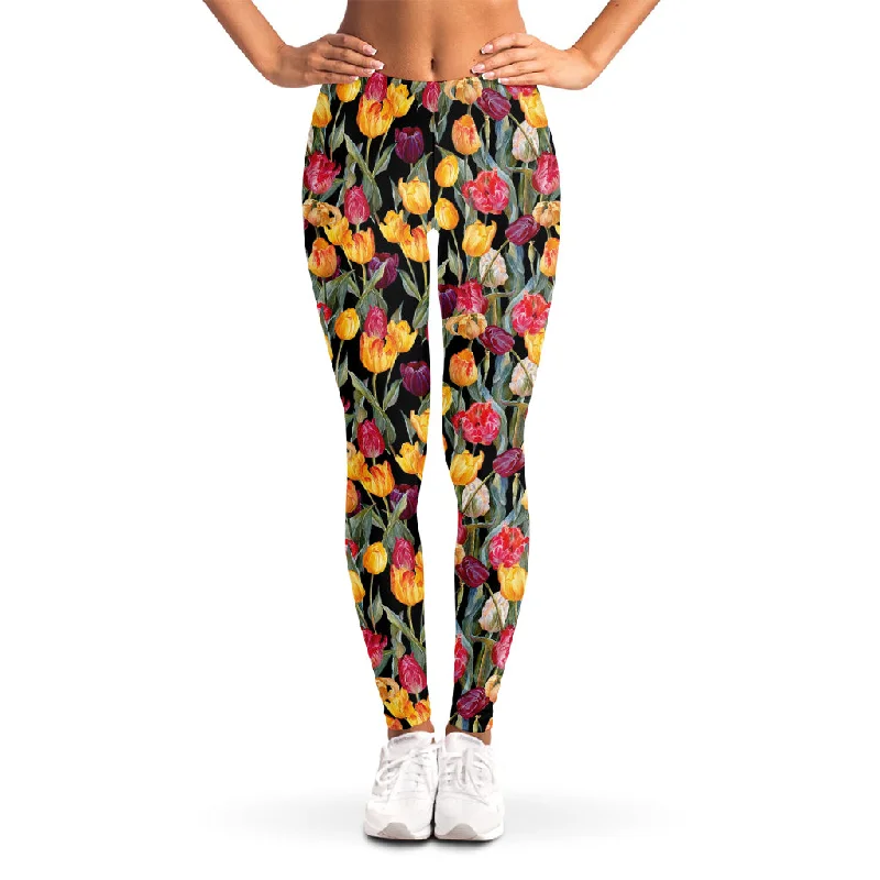 Colorful Watercolor Tulip Pattern Print Women's Leggings