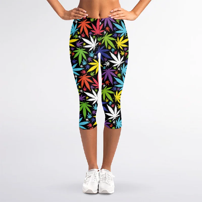 Colorful Weed Leaf Pattern Print Women's Capri Leggings