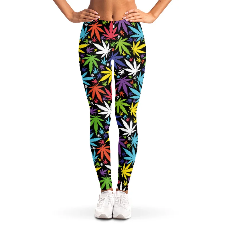 Colorful Weed Leaf Pattern Print Women's Leggings