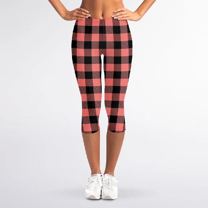 Coral Pink And Black Buffalo Check Print Women's Capri Leggings