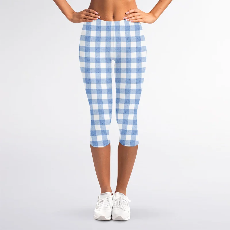 Cornflower Blue And White Gingham Print Women's Capri Leggings