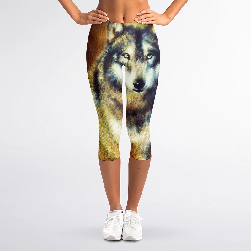 Cosmic Wolf Portrait Print Women's Capri Leggings