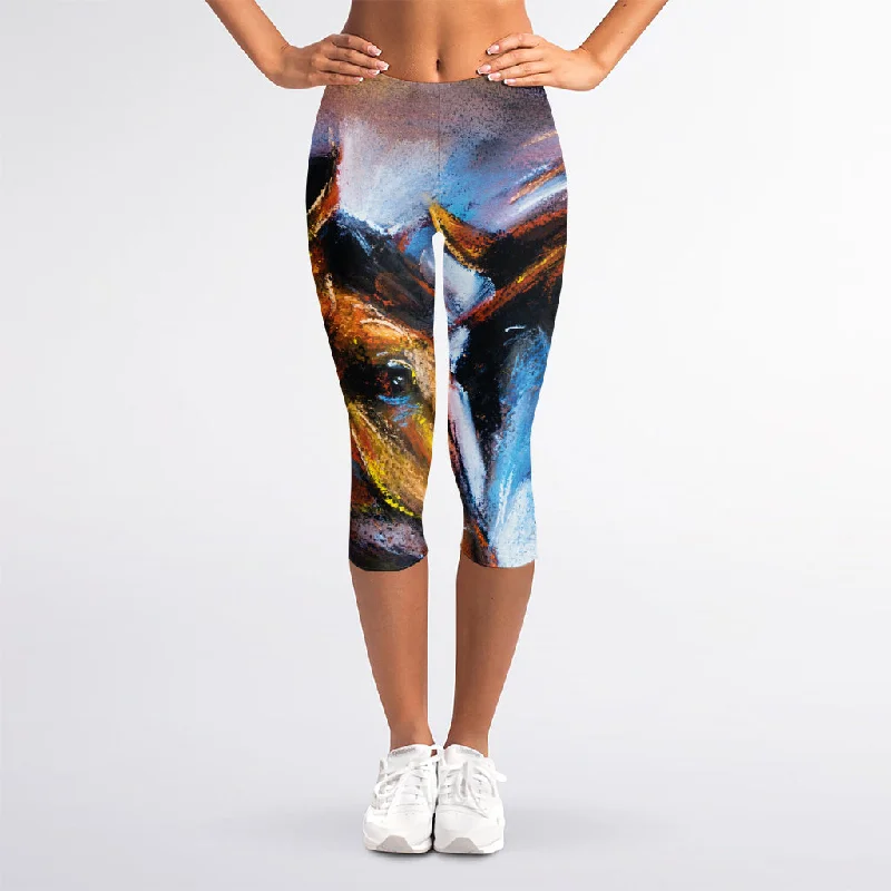 Couple Horses Painting Print Women's Capri Leggings