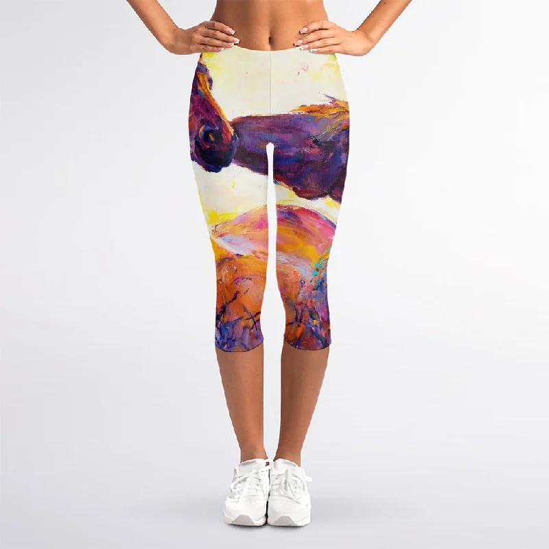 Couple Horses Portrait Print Women's Capri Leggings