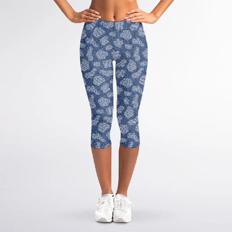 Cow Denim Jeans Pattern Print Women's Capri Leggings