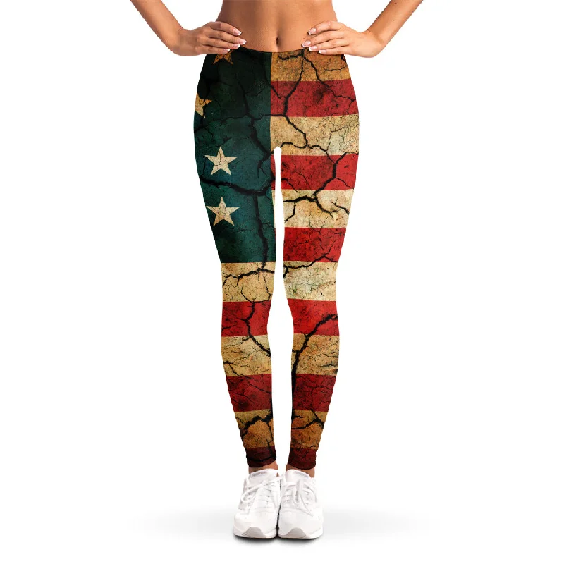 Cracked American Flag Print Women's Leggings