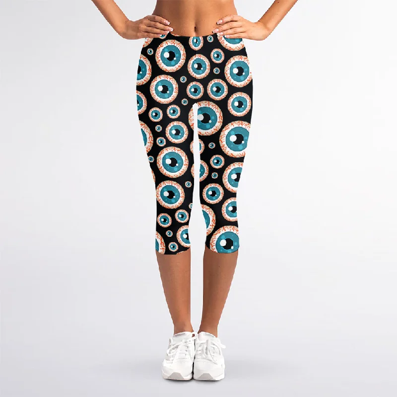 Creepy Eyeball Pattern Print Women's Capri Leggings