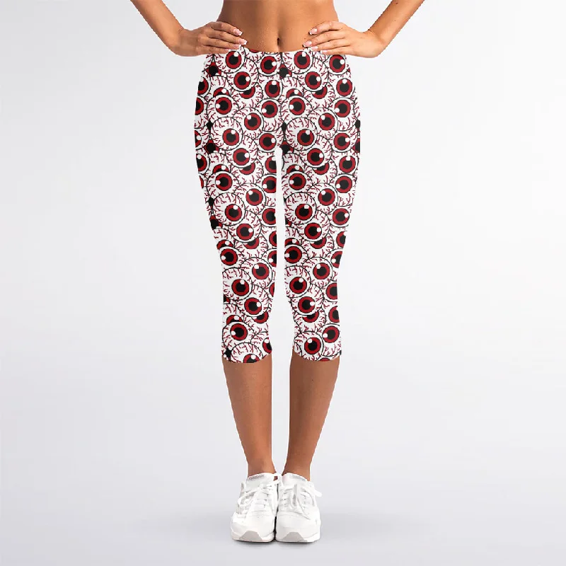 Creepy Red Eyeball Pattern Print Women's Capri Leggings