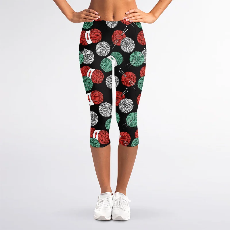 Crochet Yarn Pattern Print Women's Capri Leggings