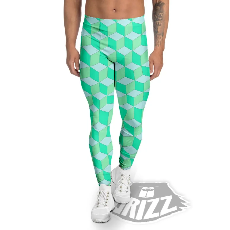 Price Drop Alert Cube Shape Green Geometric Print Pattern Men's Leggings