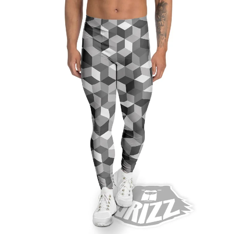 Price Fest Cube Shape Grey Geometric Print Pattern Men's Leggings