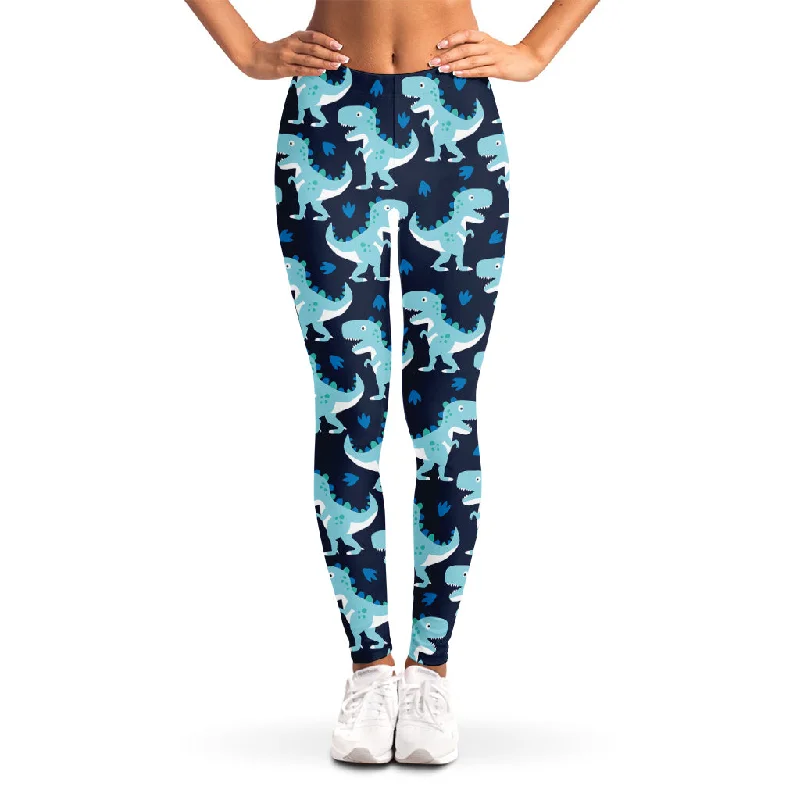 Cute Blue T-Rex Dinosaur Pattern Print Women's Leggings