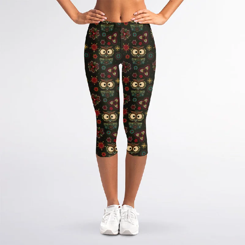 Cute Boho Owl Pattern Print Women's Capri Leggings