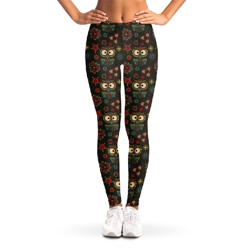 Cute Boho Owl Pattern Print Women's Leggings