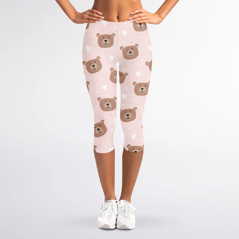 Cute Brown Bear Pattern Print Women's Capri Leggings