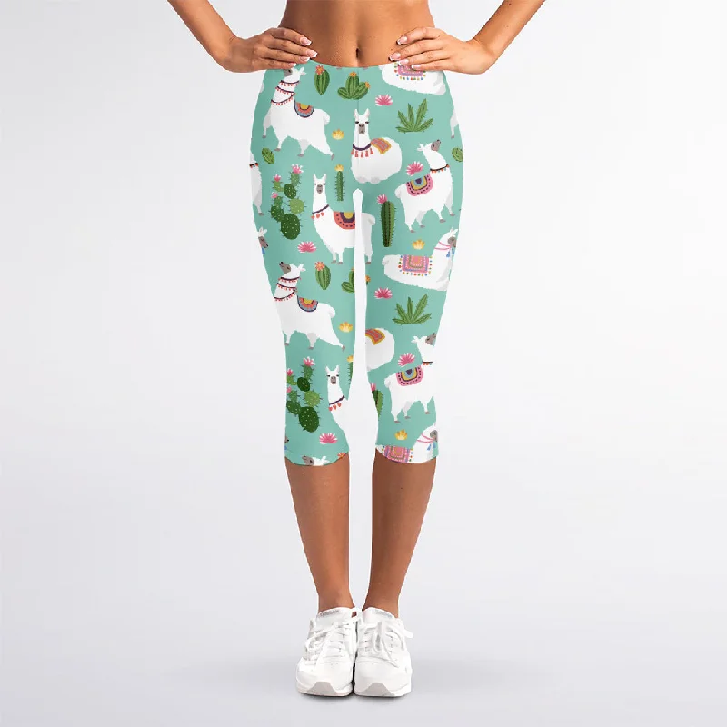 Cute Cactus And Llama Pattern Print Women's Capri Leggings