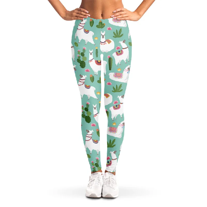 Cute Cactus And Llama Pattern Print Women's Leggings