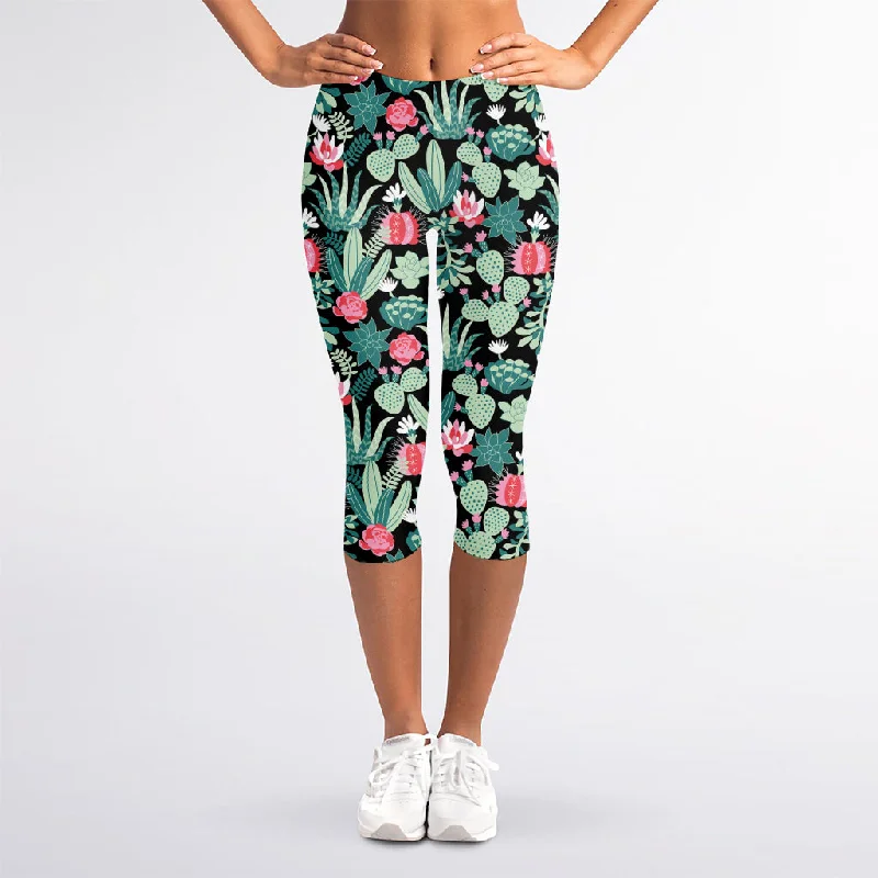 Cute Cactus And Succulent Print Women's Capri Leggings