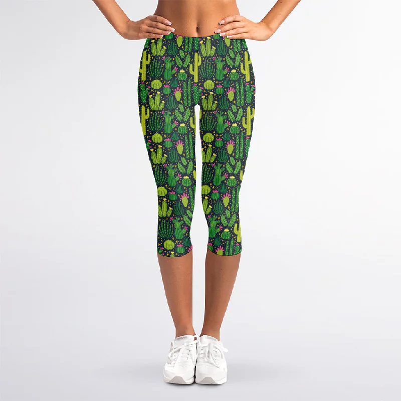 Cute Cactus Plant Pattern Print Women's Capri Leggings