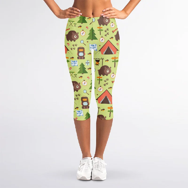 Cute Camping Pattern Print Women's Capri Leggings