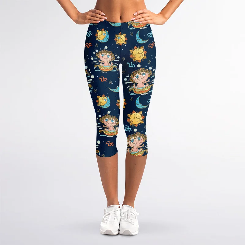 Cute Cartoon Aquarius Pattern Print Women's Capri Leggings