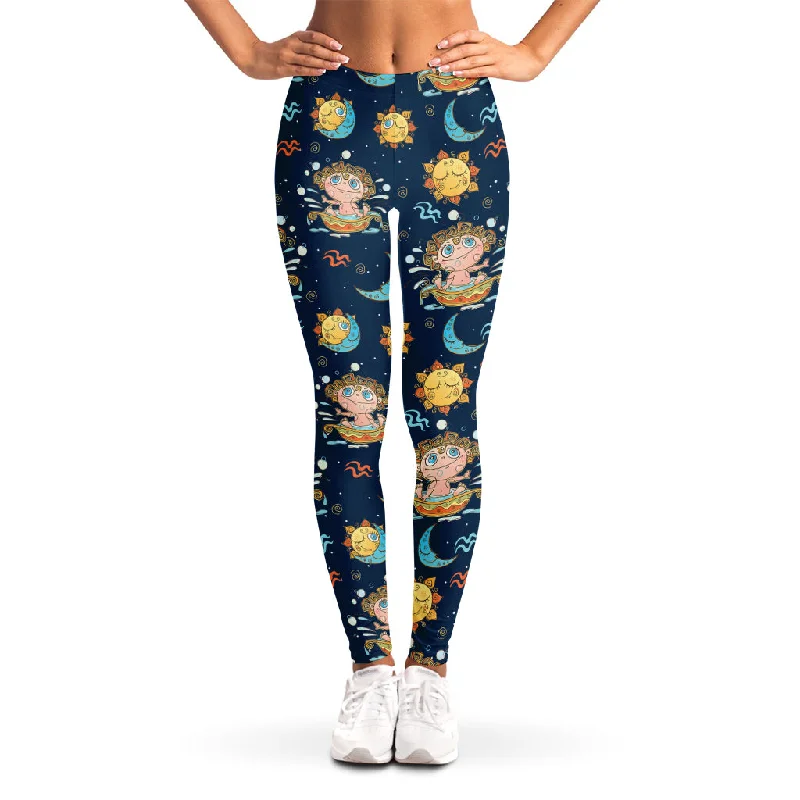 Cute Cartoon Aquarius Pattern Print Women's Leggings