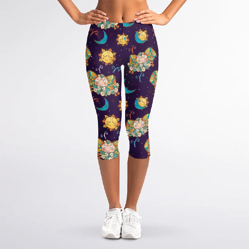 Cute Cartoon Aries Pattern Print Women's Capri Leggings