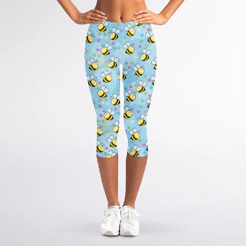 Cute Cartoon Bee Pattern Print Women's Capri Leggings