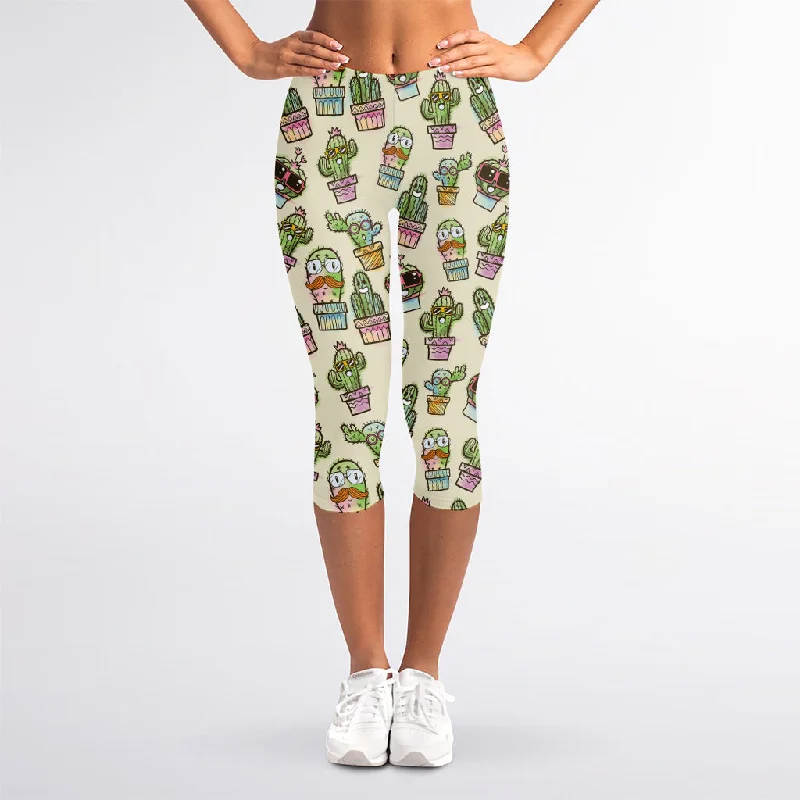 Cute Cartoon Cactus Pattern Print Women's Capri Leggings