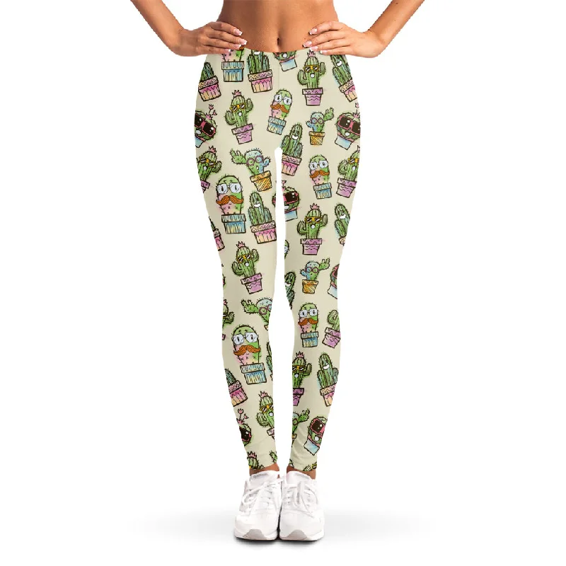 Cute Cartoon Cactus Pattern Print Women's Leggings