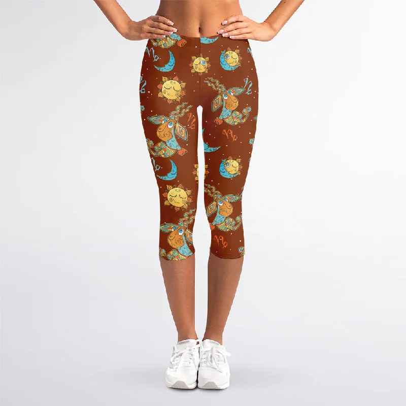 Cute Cartoon Capricorn Pattern Print Women's Capri Leggings