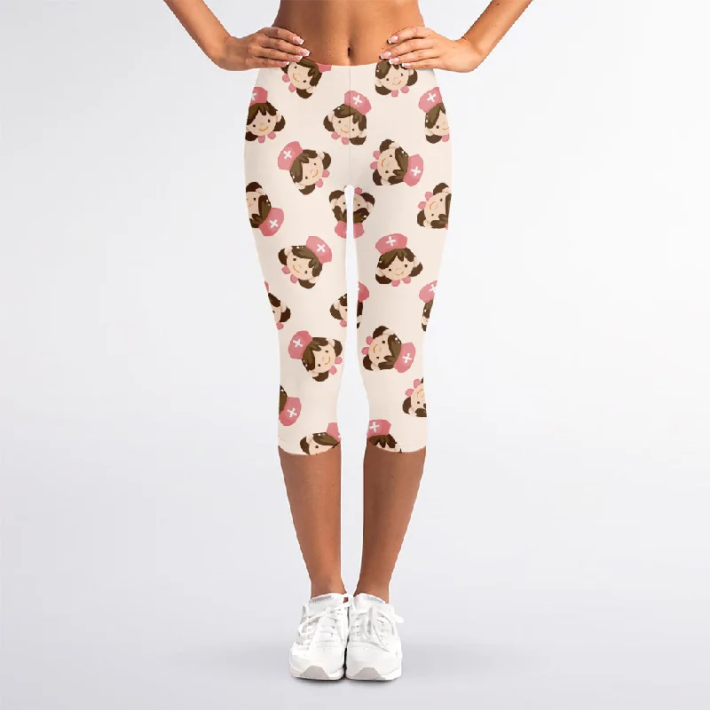 Cute Cartoon Nurse Pattern Print Women's Capri Leggings