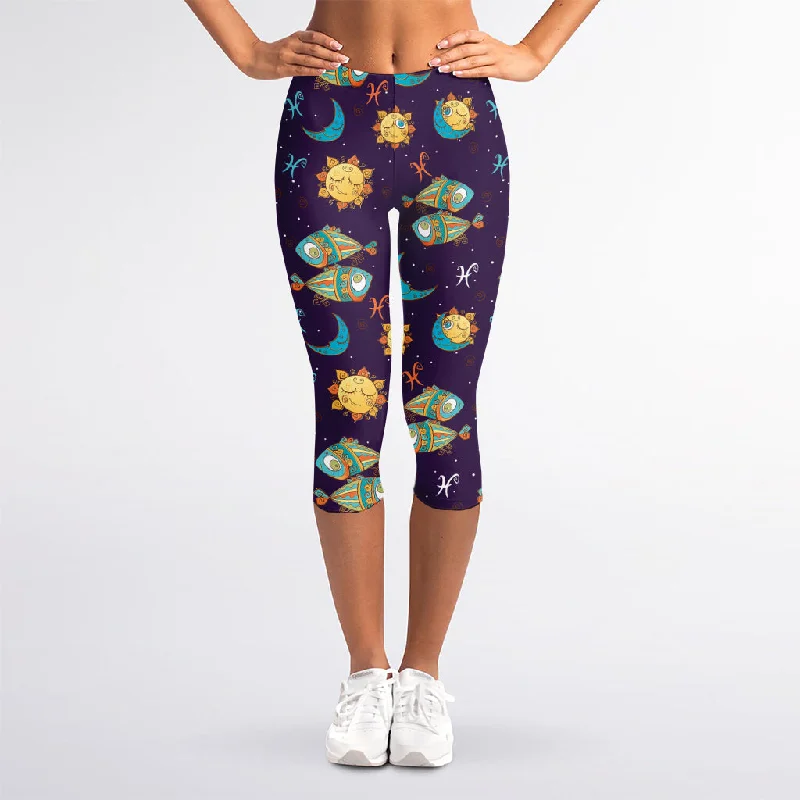 Cute Cartoon Pisces Pattern Print Women's Capri Leggings