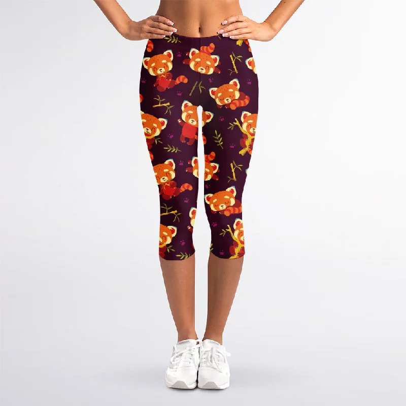 Cute Cartoon Red Panda Pattern Print Women's Capri Leggings