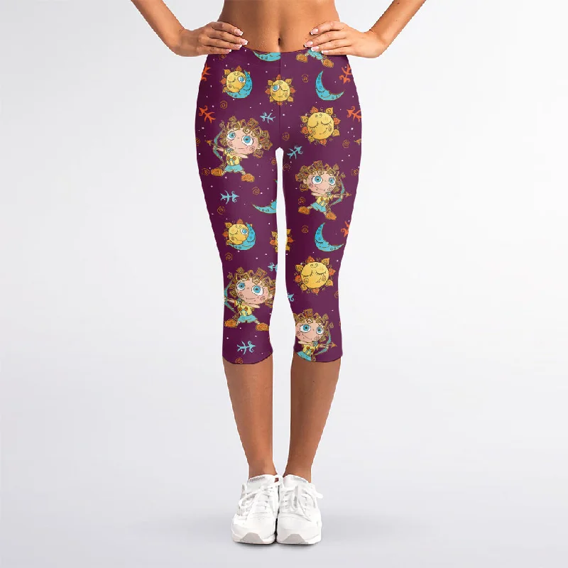 Cute Cartoon Sagittarius Pattern Print Women's Capri Leggings