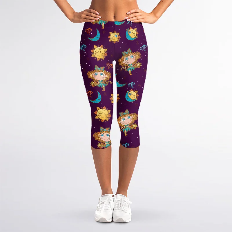 Cute Cartoon Virgo Pattern Print Women's Capri Leggings