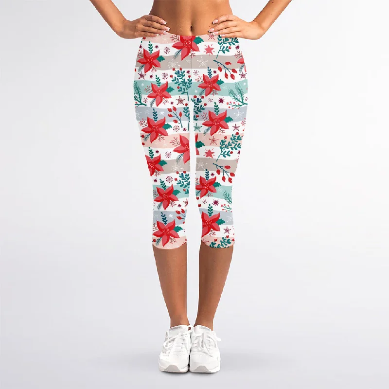 Cute Christmas Poinsettia Pattern Print Women's Capri Leggings