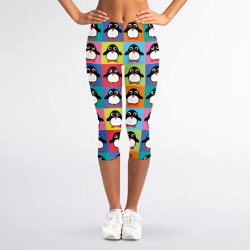 Cute Colorful Penguin Pattern Print Women's Capri Leggings