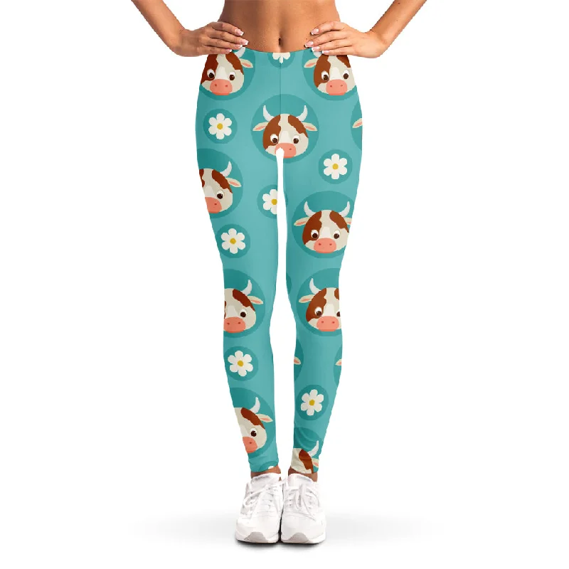 Weekend Special Cute Cow And Daisy Flower Pattern Print Women's Leggings