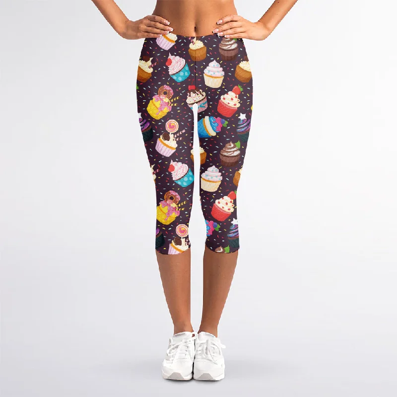 Cute Cupcake Pattern Print Women's Capri Leggings