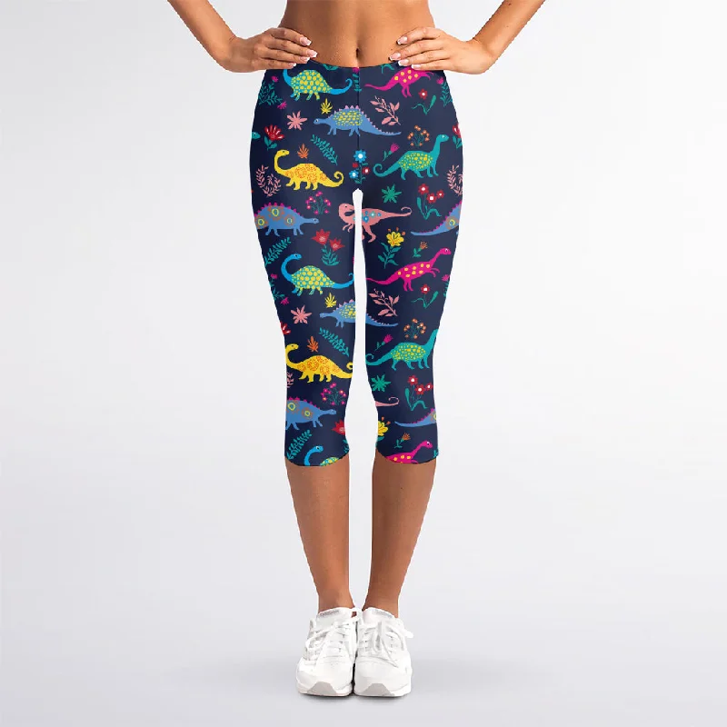 Cute Dino Floral Pattern Print Women's Capri Leggings