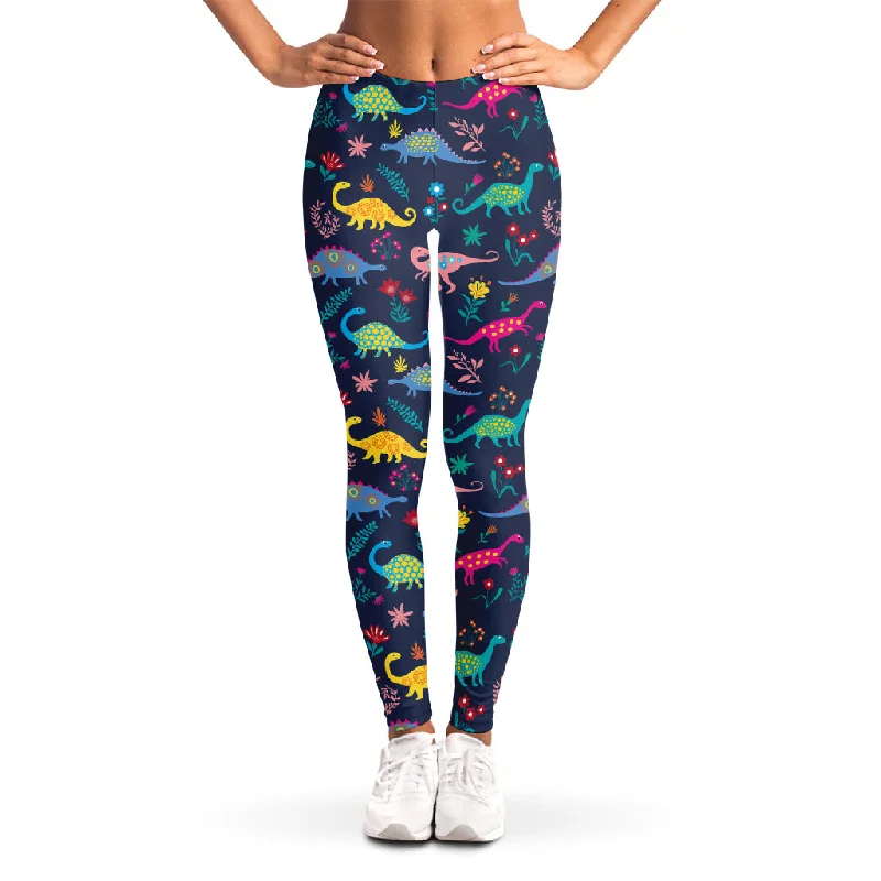 Cute Dino Floral Pattern Print Women's Leggings