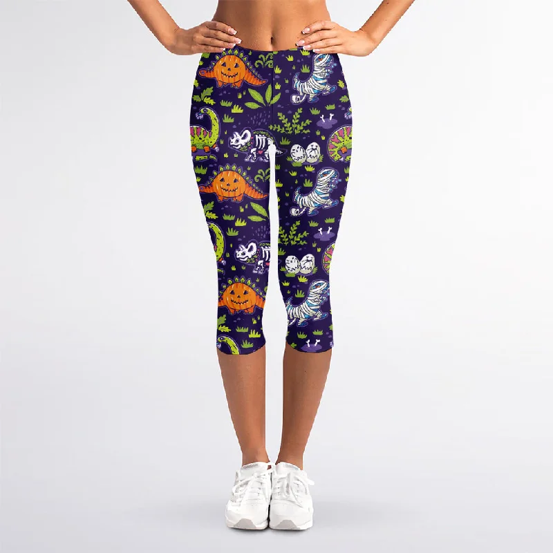 Cute Dino Halloween Pattern Print Women's Capri Leggings