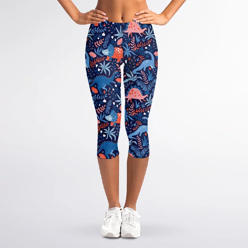 Cute Dino Leaves And Flowers Print Women's Capri Leggings