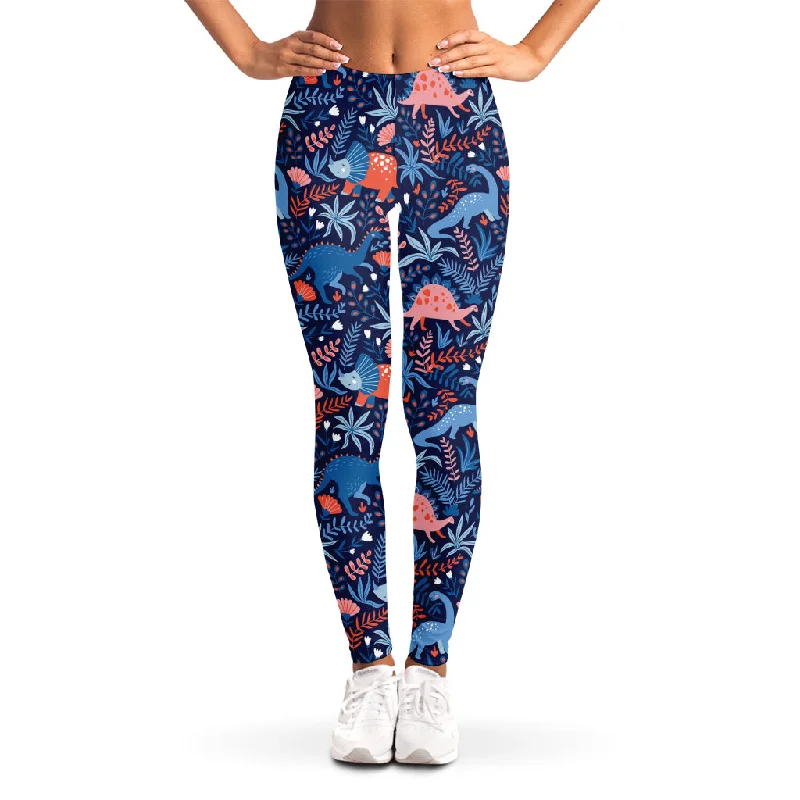 Cute Dino Leaves And Flowers Print Women's Leggings