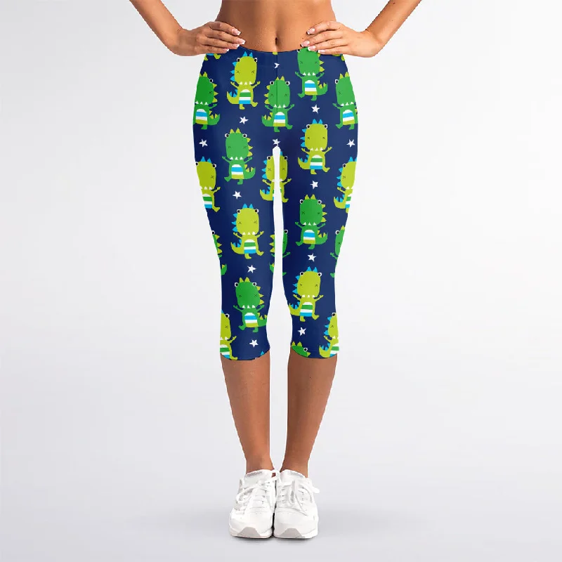 Cute Dino T-Rex Pattern Print Women's Capri Leggings