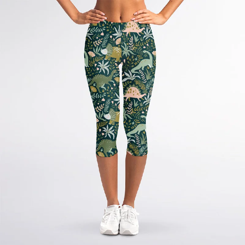 Cute Dino Tropical Leaves Pattern Print Women's Capri Leggings