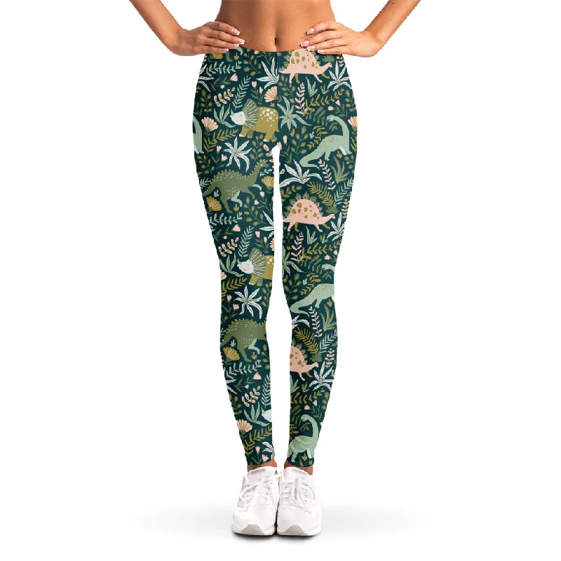 Cute Dino Tropical Leaves Pattern Print Women's Leggings