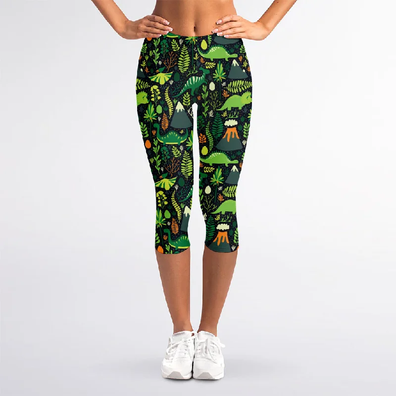 Cute Dinosaur And Floral Pattern Print Women's Capri Leggings